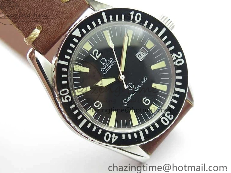 0414 Vintage Seamaster 300 Date T SS B12 Black Dial On Brown Leather Strap A2836 (Free Nylon Strap) WeatherProof 7911